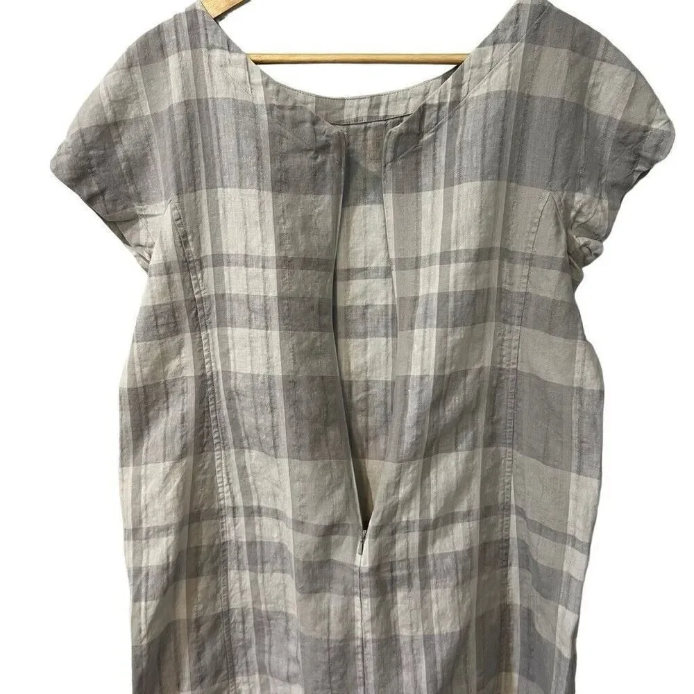 Eileen Fisher Size Small Airy Organic Linen Cotton Gray Plaid Shift Dress Pocket
